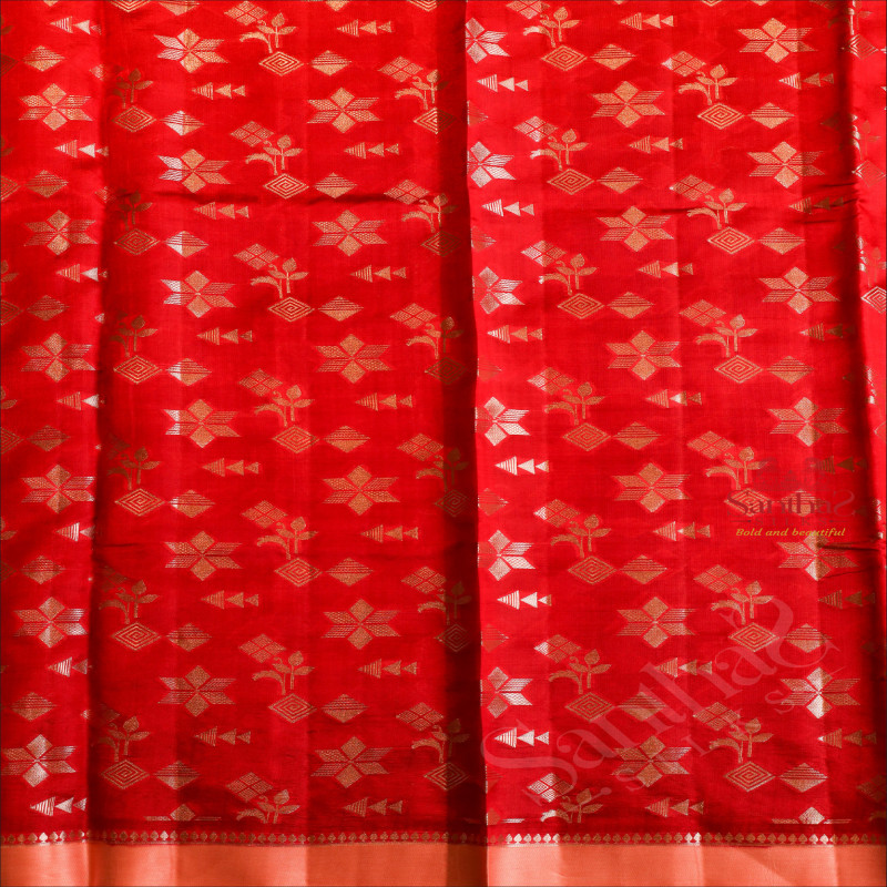  RED COLOUR RAW MANGO SAREE SILVER ZARI BUTTA WITH CONTRAST BLOUSE & BORDER