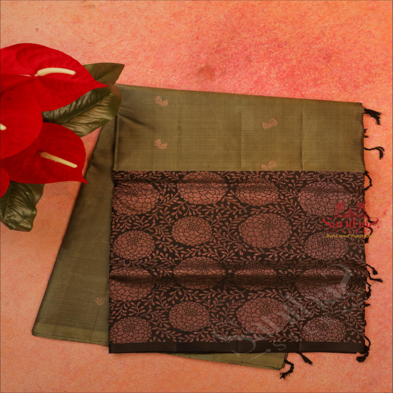 DARK MOSS GREEN COLOUR BODY WITH COPPER ZARI LEAF BUTTA WITH CONTRAST BLOUSE & BORDER