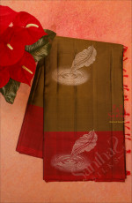MEHENDHI GREEN COLOUR BODY WITH SILVER ZARI LEAF BUTTA WITH CONTRAST BLOUSE & BORDER