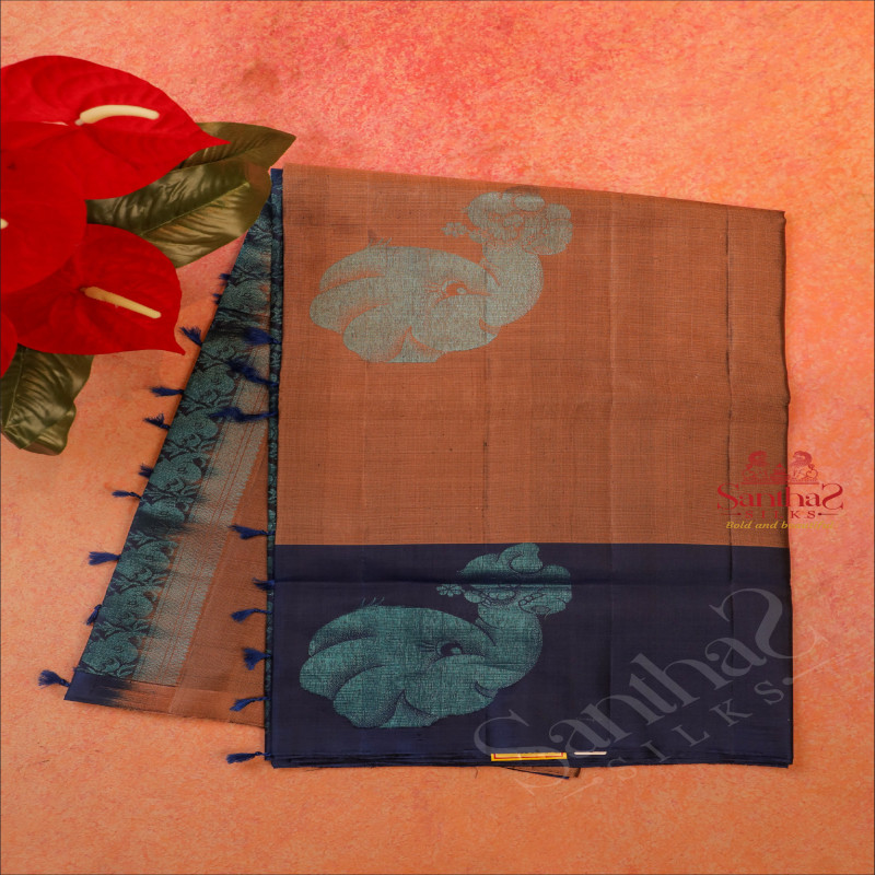 DARK BROWN COLOUR BODY WITH NEEM ZARI ELEPHANT BUTTA WITH CONTRAST BLOUSE & BORDER