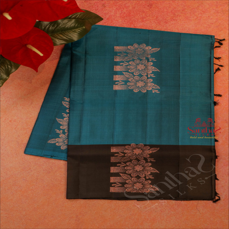 SAPPHIRE BLUE COLOUR BODY WITH FLORAL NEEM ZARI BUTTA WITH CONTRAST BLOUSE & BORDER