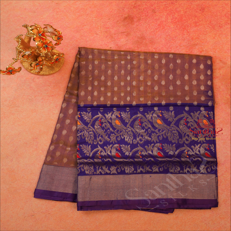 DUAL SHADE VIOLET COLOUR BODY WITH SILVER ZARI COIN BUTTA WITH CONTRAST BLOUSE & BORDER