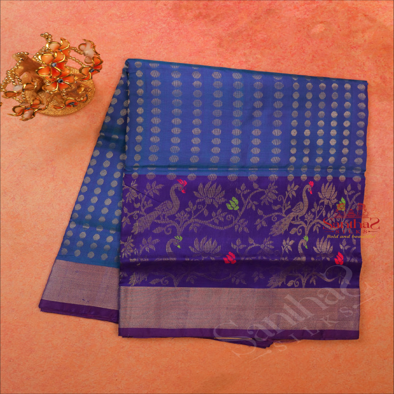 BLUE COLOUR BODY WITH SILVER ZARI COIN BUTTA WITH CONTRAST BLOUSE & BORDER