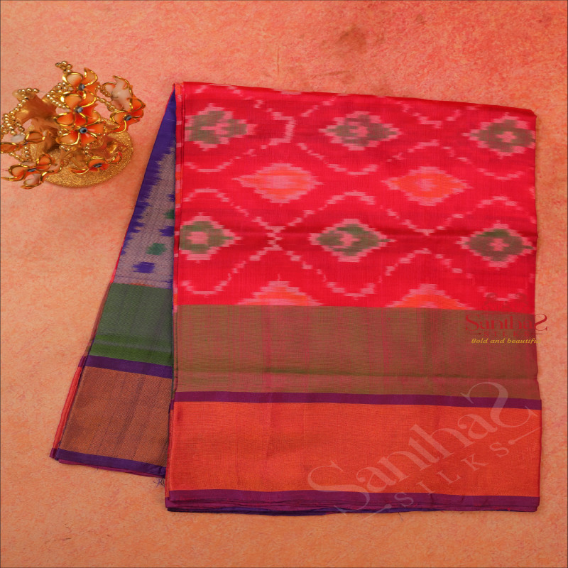 PINK COLOUR BODY POCHAMPALLY PATTERN WITH CONTRAST BLOUSE