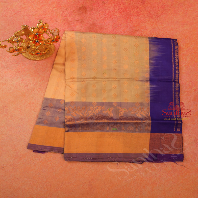 IVORY COLOUR BODY WITH GOLDEN ZARI BUTTA WITH CONTRAST BLOUSE & BORDER