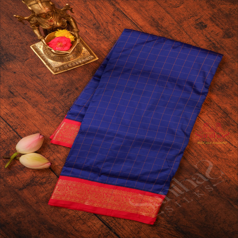 9 YARDS MADISAR PEPSI BLUE COLOUR CHECKED BODY WITH CONTRAST BORDER & WITHOUT BLOUSE