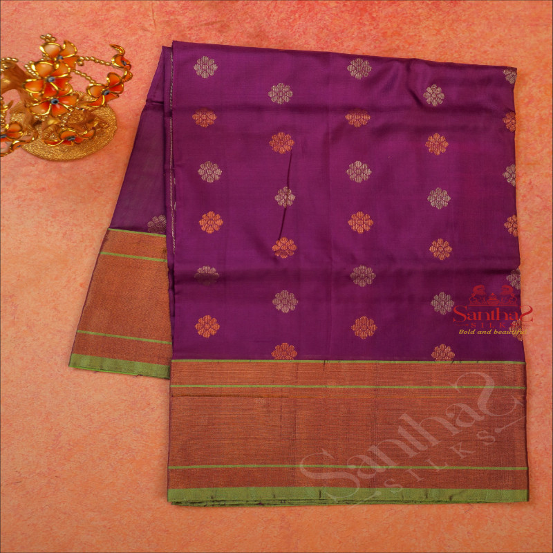 VIOLET COLOUR BODY WITH GOLDEN AND SILVER ZARI FLORAL BUTTA WITH CONTRAST BLOUSE & BORDER