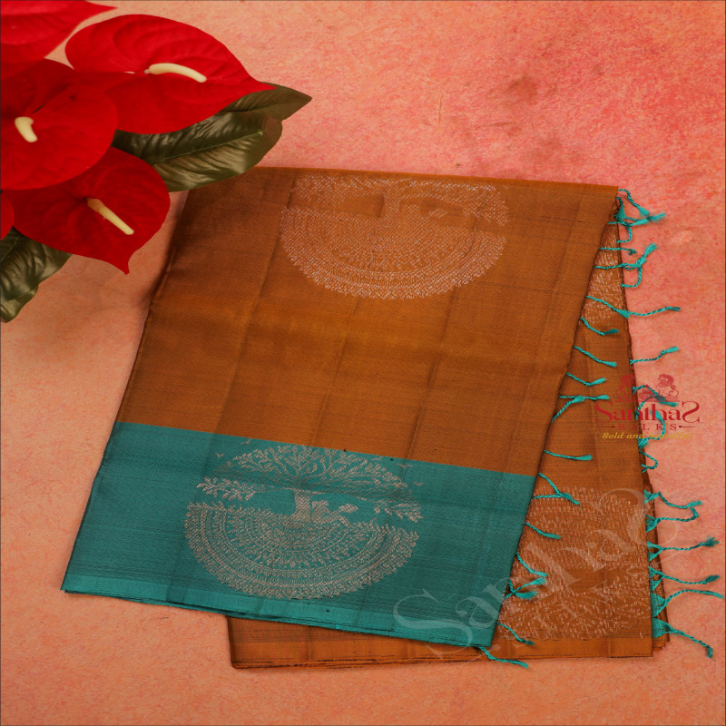 MUSTARD COLOUR BODY WITH COPPER ZARI TREE BUTTA WITH CONTRAST BLOUSE & BORDER