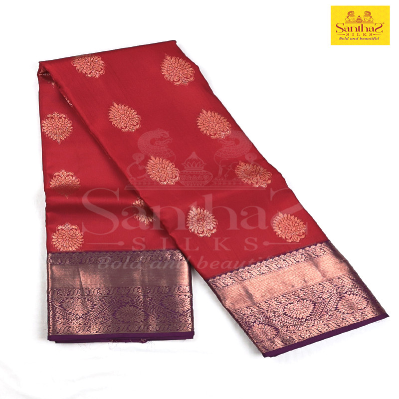 Red Color Korvai  Pure Silk Saree with Wine Color Border