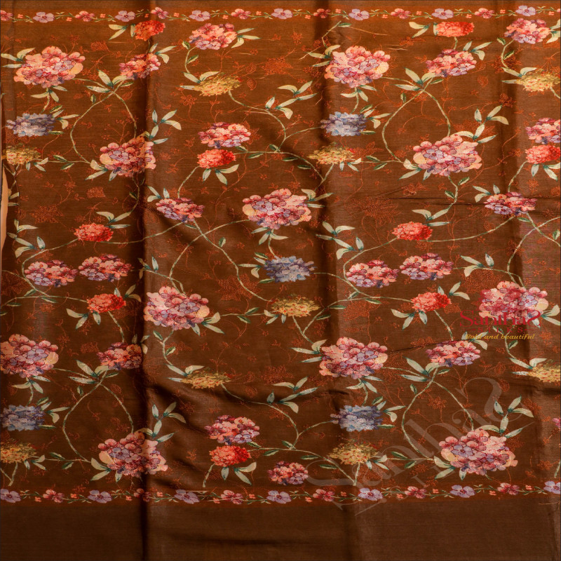 ALOEWOOD BROWN COLOUR CHANDHERI SAREE WITH FLORAL PATTERN WITH SELF BLOUSE