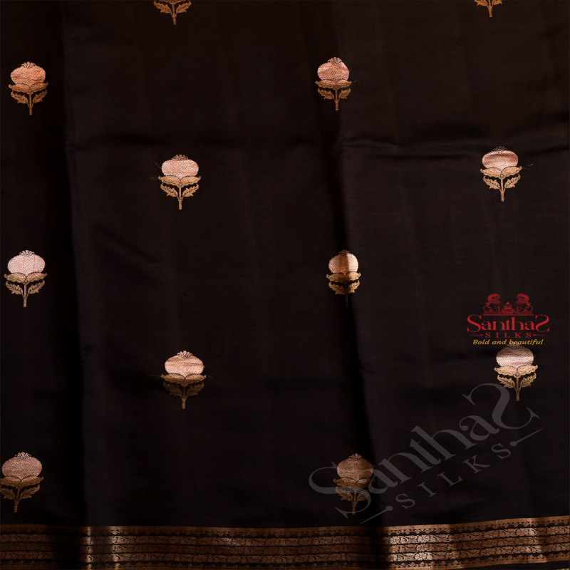 BLACK COLOUR RAW MANGO SAREE WITH ZARI BUTTA WITH CONTRAST BLOUSE