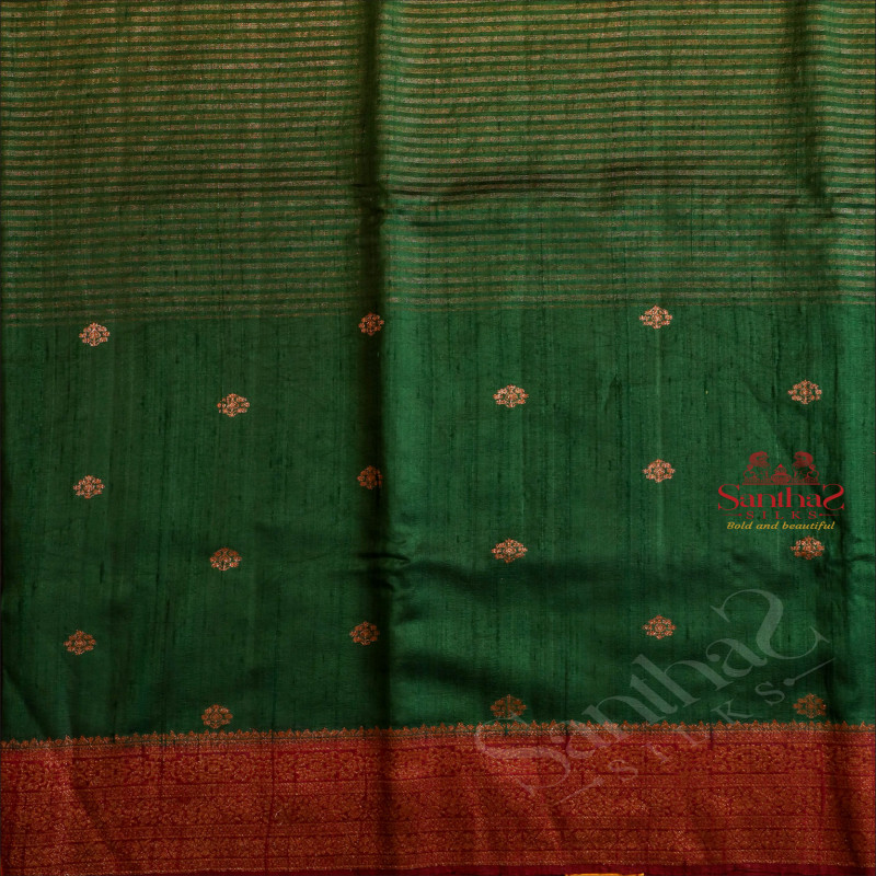 DARK GREEN COLOUR RAW SILK SAREE BODY WITH BITTAS & STRIPS AND CONTRAST PALLU & BLOUSE
