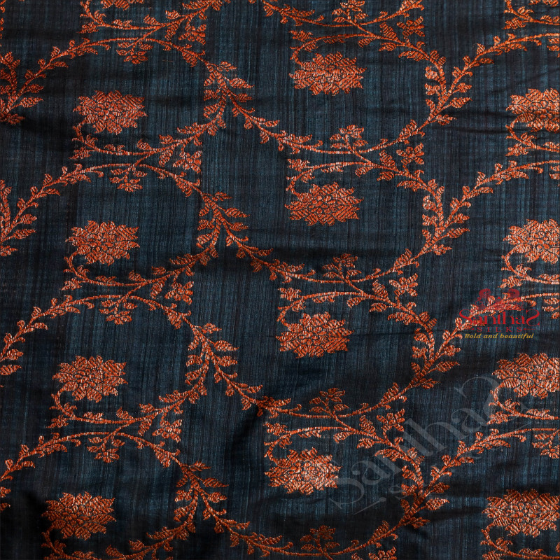 PEACOCK BLUE COLOUR RAW SILK SAREE BODY WITH FLOWER PATTERN AND CONTRAST PALLU & BLOUSE