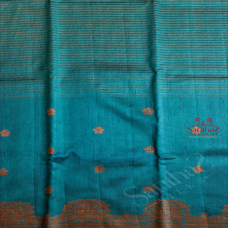 PRUSIAN BLUE COLOUR RAW SILK SAREE WITH GOLDEN ZARI BUTTA WITH SELF BLOUSE & BORDER
