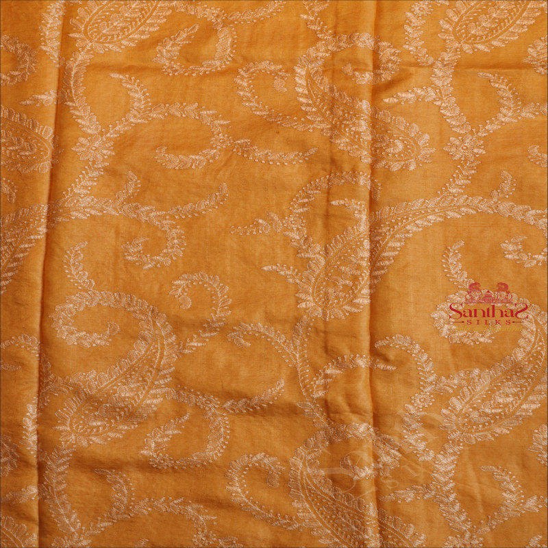 TUSCANY YELLOW COLOUR TASSAR WORK SAREE WITH CHIKANKARI WORK AND SELF COLOUR PALLU WITH CHIKANKARI WORK & BLOUSE