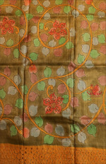 MUSTARD YELLOW COLOUR TUSSAR SAREE WITH KALAMKARI PRINT WITH CONTRAST BLOUSE