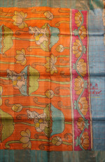 VIOLET BLUE COLOUR TUSSAR SAREE WITH KALAMKARI HAND PAINT WITH CONTRAST BLOUSE