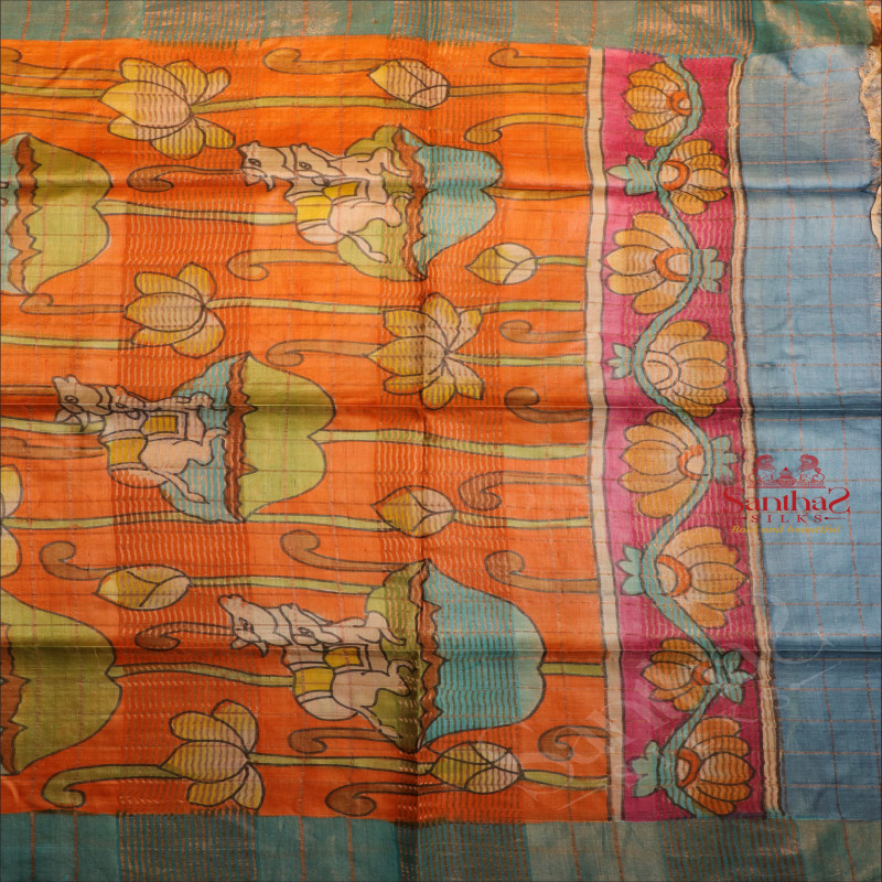 VIOLET BLUE COLOUR TUSSAR SAREE WITH KALAMKARI HAND PAINT WITH CONTRAST BLOUSE