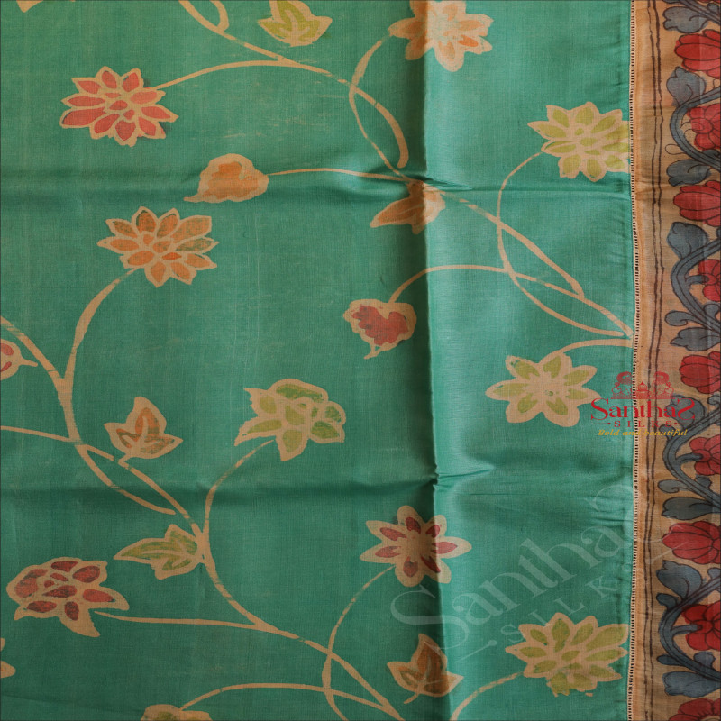 TURQUOISE BLUE COLOUR TUSSAR HAND PAINTED SAREE WITH CONTRAST BLOUSE & PALLU