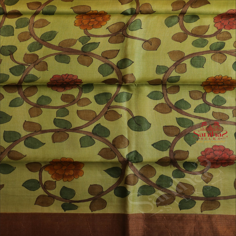 GREEN COLOUR TUSSAR SAREE WITH KALAMKARI PRINT WITH SELF BLOUSE