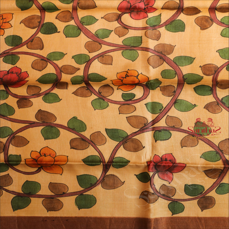 SANDAL COLOUR TUSSAR SAREE WITH KALAMKARI PRINT WITH SELF BLOUSE
