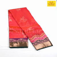 Pinkish Orange with Contrast Green Border Pure Silk