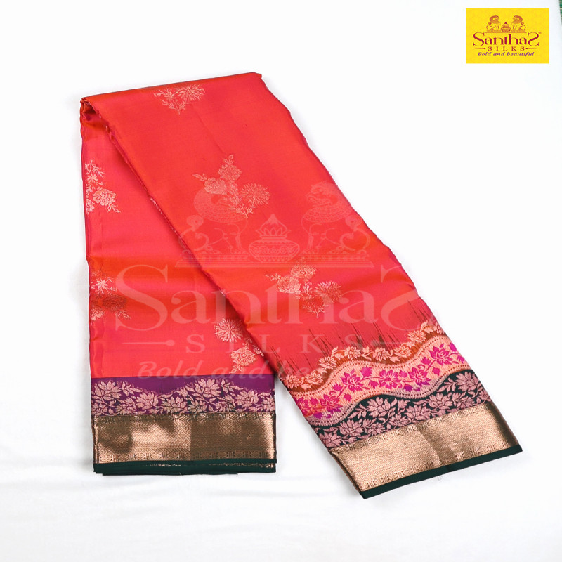 Pinkish Orange with Contrast Green Border Pure Silk