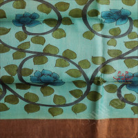 TURQUOISE BLUE COLOUR TUSSAR SAREE WITH KALAMKARI PRINT WITH SELF BLOUSE