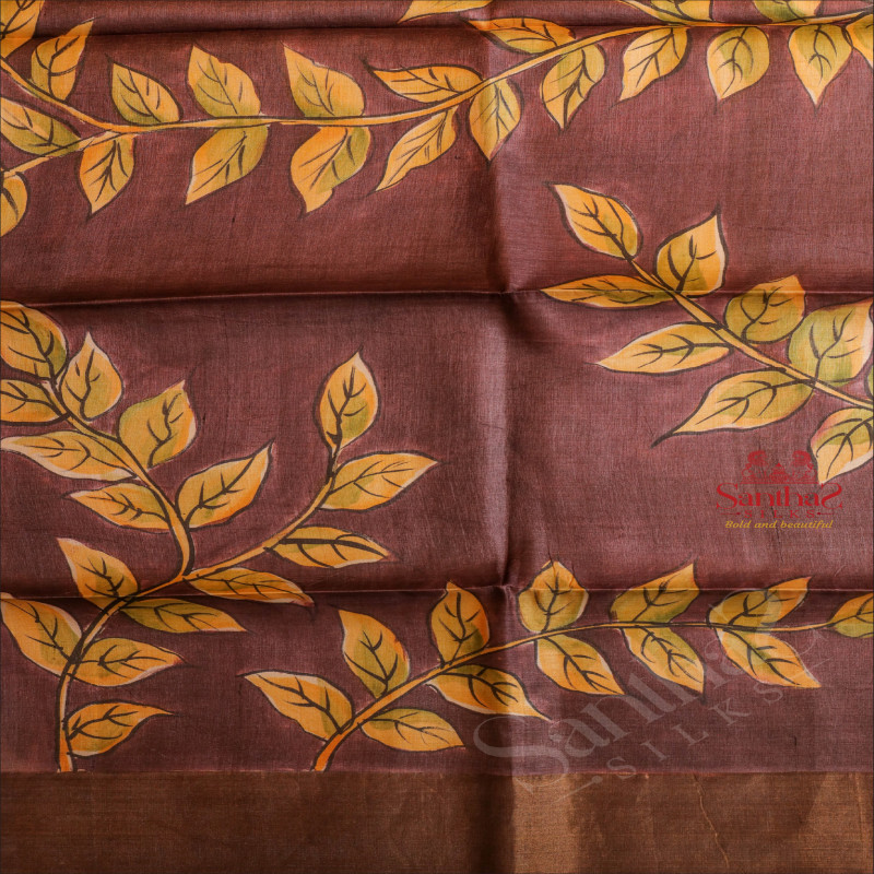 DARK PURPLE COLOUR TUSSAR SAREE WITH KALAMKARI PRINT WITH CONTRAST BLOUSE