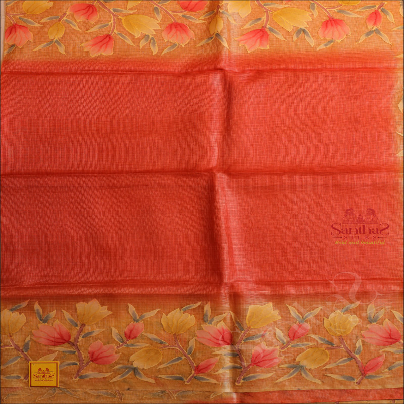 DARK PEACH COLOUR KOTA TUSSAR SAREE WITH FLORAL PRINT BLOUSE & PALLU