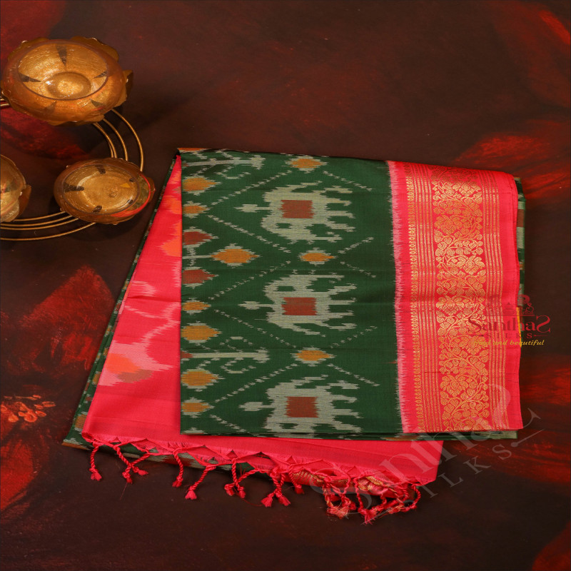 GREEN COLOUR BODY WITH POCHAMBALLY PATTERN WITH CONTRAST BLOUSE & BORDER