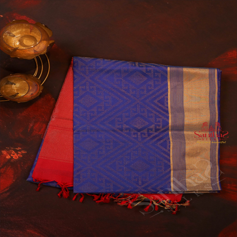 DARK BLUE COLOUR BODY WITH GOLDEN ZARI FANCY DESIGN AND CONTRAST COLOUR PALLU & BLOUSE
