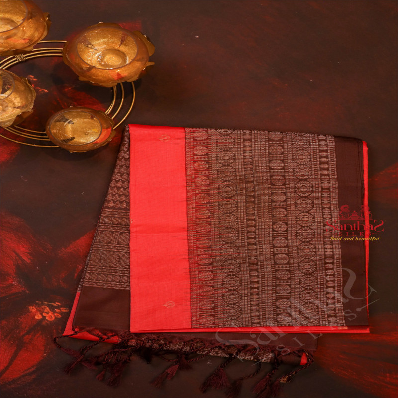 ORANGE RED COLOUR BODY WITH GOLDEN ZARI BUTTA WITH CONTRAST BLOUSE & BORDER