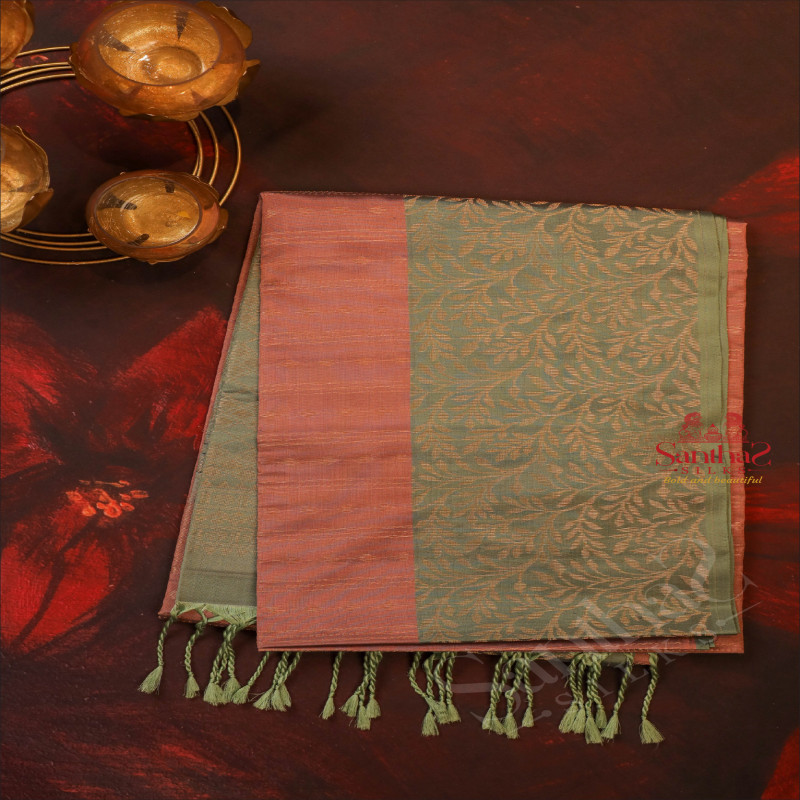 DUSTY PINK COLOUR BODY WITH GOLDEN ZARI STRIPS WITH CONTRAST BLOUSE & BORDER