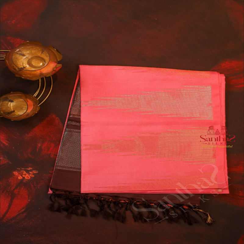 WATERMELON PINK COLOUR BODY WITH GOLDEN, COPPER & SILVER ZARI GOPURAM MOTIFS IN BORDER AND CONTRAST COLOUR PALLU & BLOUSE