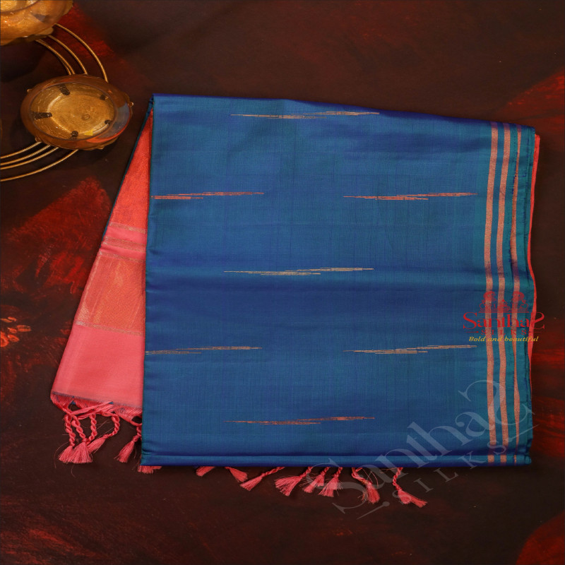 PEACOCK BLUE COLOUR BODY WITH GOLDEN ZARI & SILVER BUTTA AND CONTRAST COLOUR PALLU & BLOUSE