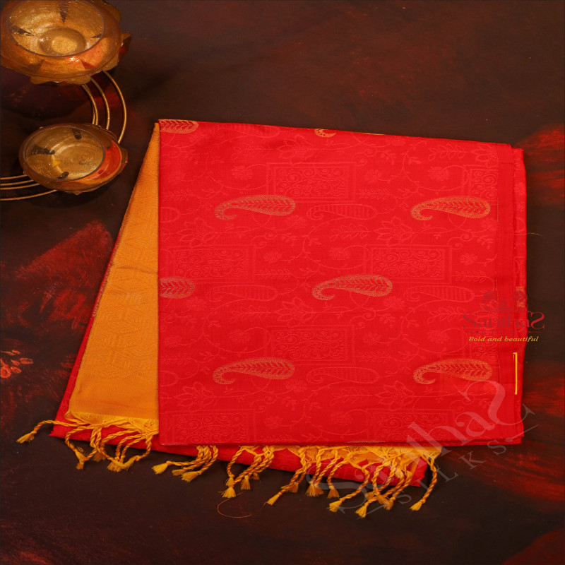 RED COLOUR BODY WITH GOLDEN ZARI MANGO BUTTA WITH CONTRAST BLOUSE & BORDER