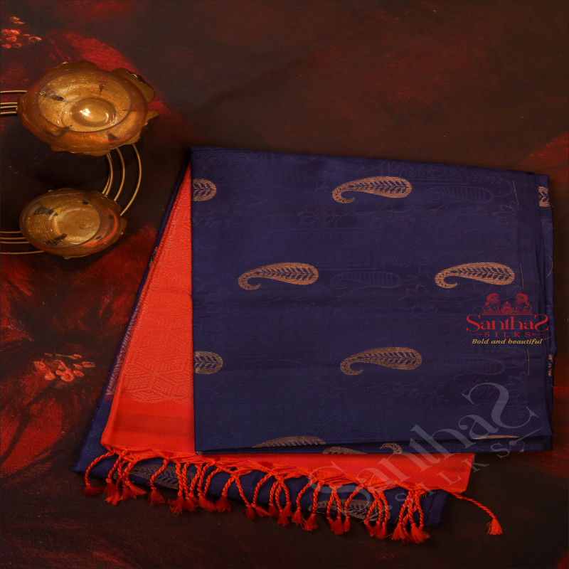 DARK BLUE COLOUR BODY WITH GOLDEN ZARI MANGO BUTTA WITH CONTRAST BLOUSE & BORDER