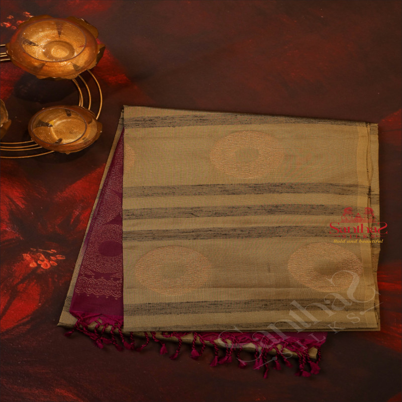 MOSS GREEN COLOUR BODY WITH GOLDEN ZARI FANCY BUTTA WITH CONTRAST BLOUSE & BORDER