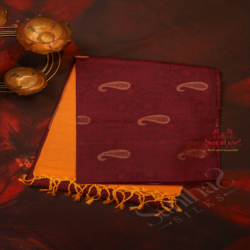 BROWNISH PURPLE COLOUR BODY WITH GOLDEN ZARI MANGO BUTTA WITH CONTRAST BLOUSE & BORDER