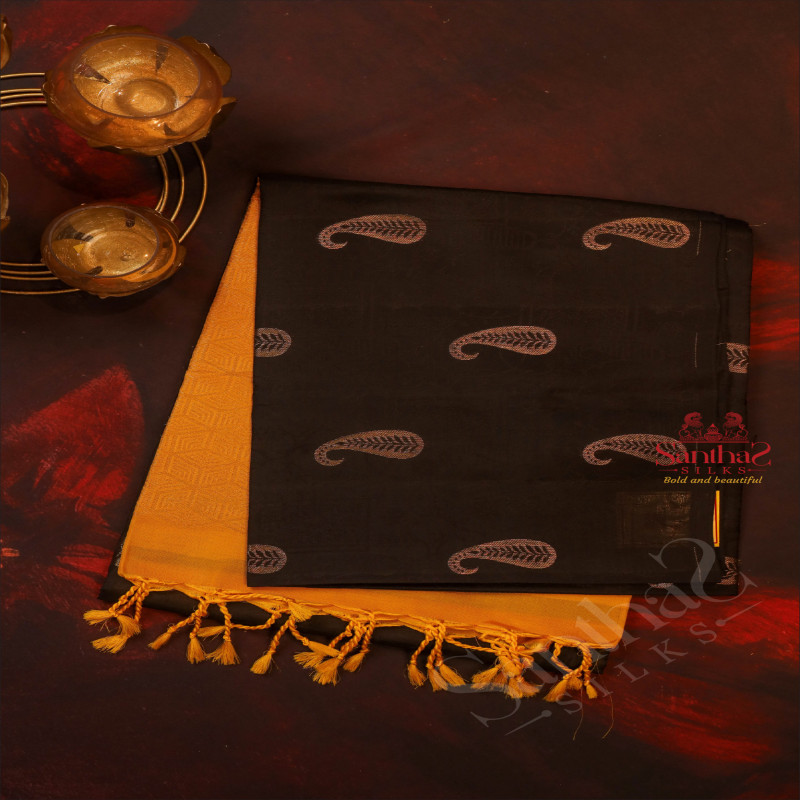 BLACK COLOUR BODY WITH GOLDEN ZARI MANGO BUTTA WITH CONTRAST BLOUSE & BORDER