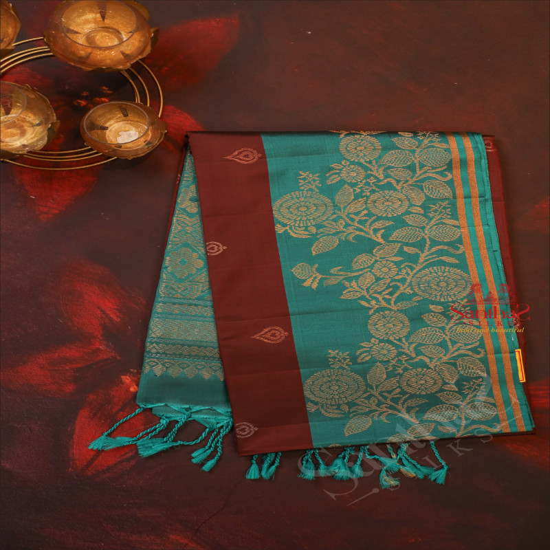 DARK BROWN COLOUR BODY WITH GOLDEN & SILVER ZARI BUTTAS AND CONTRAST COLOUR PALLU & BLOUSE