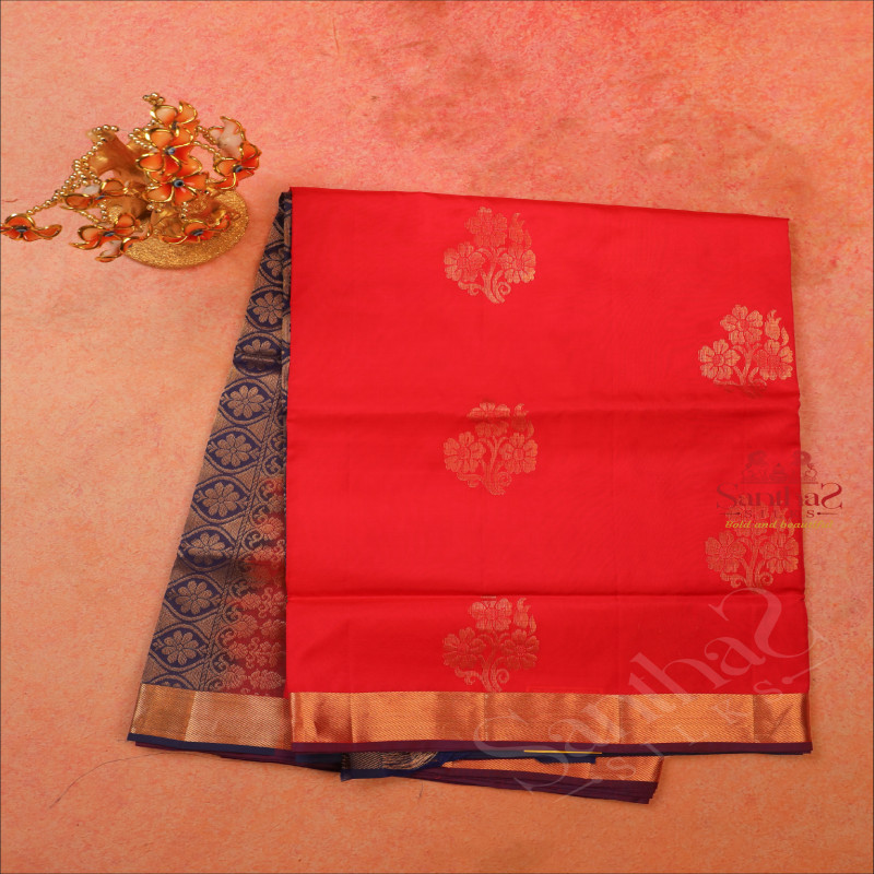 RED COLOUR BODY WITH GOLDEN ZARI BUTTA WITH CONTRAST BLOUSE & PALLU