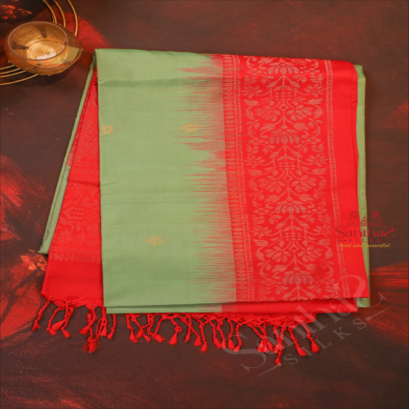 PASTEL GREEN COLOUR BODY WITH GOLDEN ZARI BUTTA AND CONTRAST COLOUR PALLU & BLOUSE