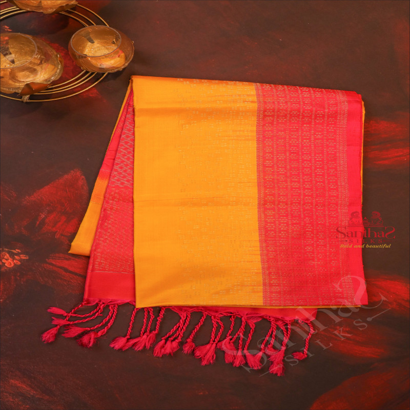 MANGO YELLOW COLOUR BODY WITH GOLDEN ZARI BUTTA AND CONTRAST COLOUR PALLU & BLOUSE