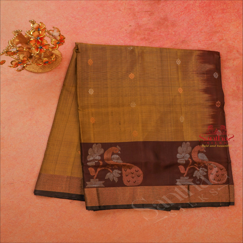 MEHENDHI GREEN COLOUR BODY WITH GOLDEN ZARI BUTTA WITH CONTRAST BLOUSE & BORDER