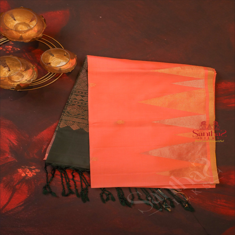 PEACH COLOUR BODY WITH GOLDEN ZARI BUTTA AND CONTRAST COLOUR PALLU & BLOUSE