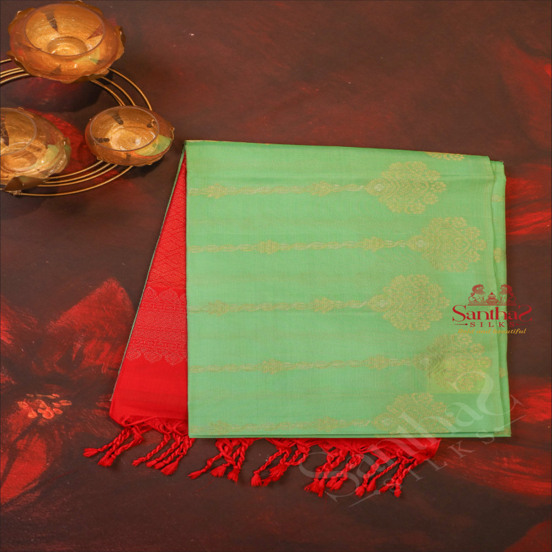 CONAMARA GREEN COLOUR BODY WITH GOLDEN & SILVER ZARI MOTIFS AND CONTRAST COLOUR PALLU & BLOUSE