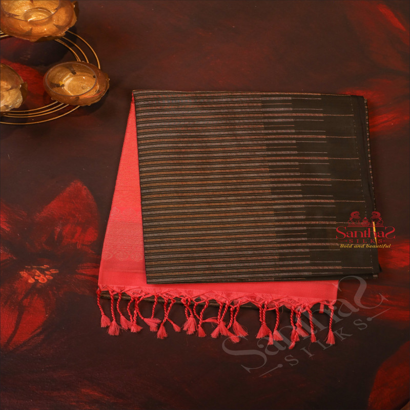 DARK FOREST GREEN COLOUR BODY WITH GOLDEN ZARI STRIPS WITH CONTRAST BLOUSE & BORDER