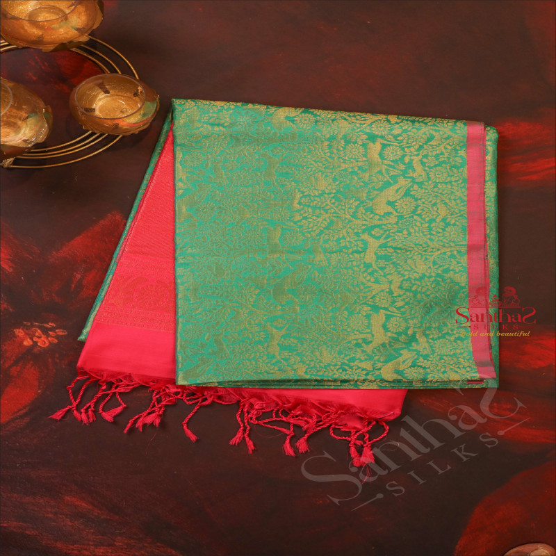 SHAMROCK GREEN COLOUR BODY WITH FULL GOLDEN ZARI FLOWER MIXED PATTERN AND CONTRAST COLOUR PALLU & BLOUSE